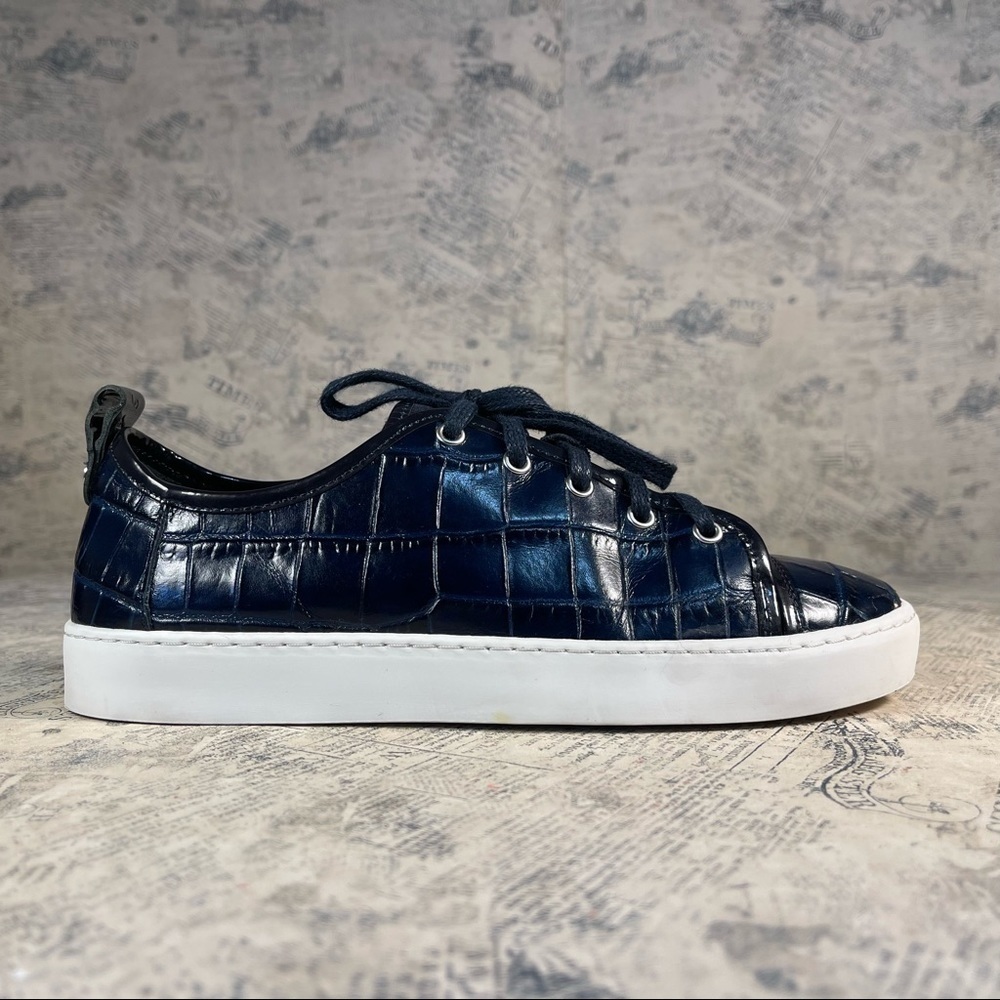 Jigsaw Asa Croc Embossed Leather Trainers Navy Blue Platform Sneakers